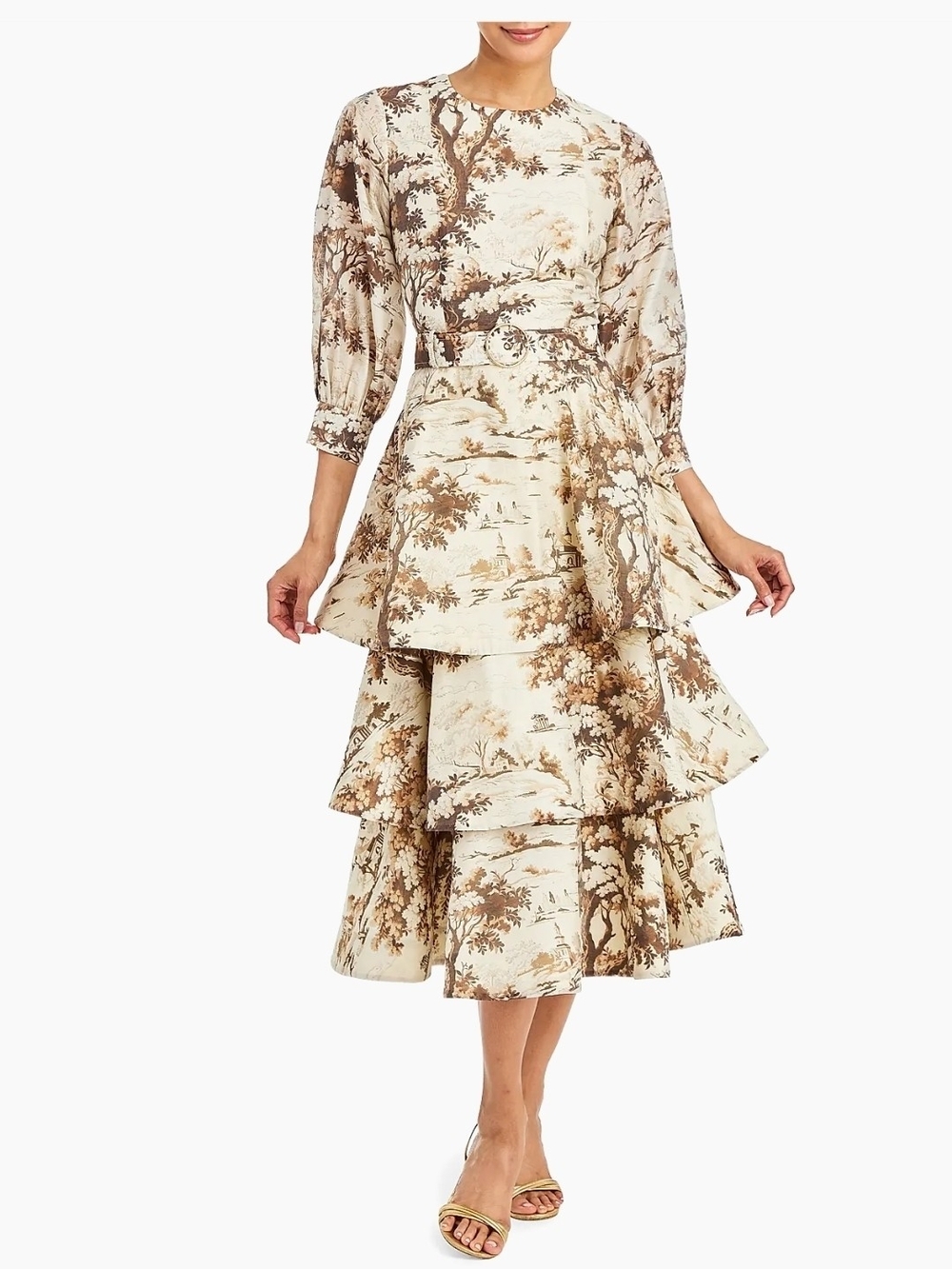 Mestiza Tiered Toile-Print Midi Convertable Dress in Cream and Brown